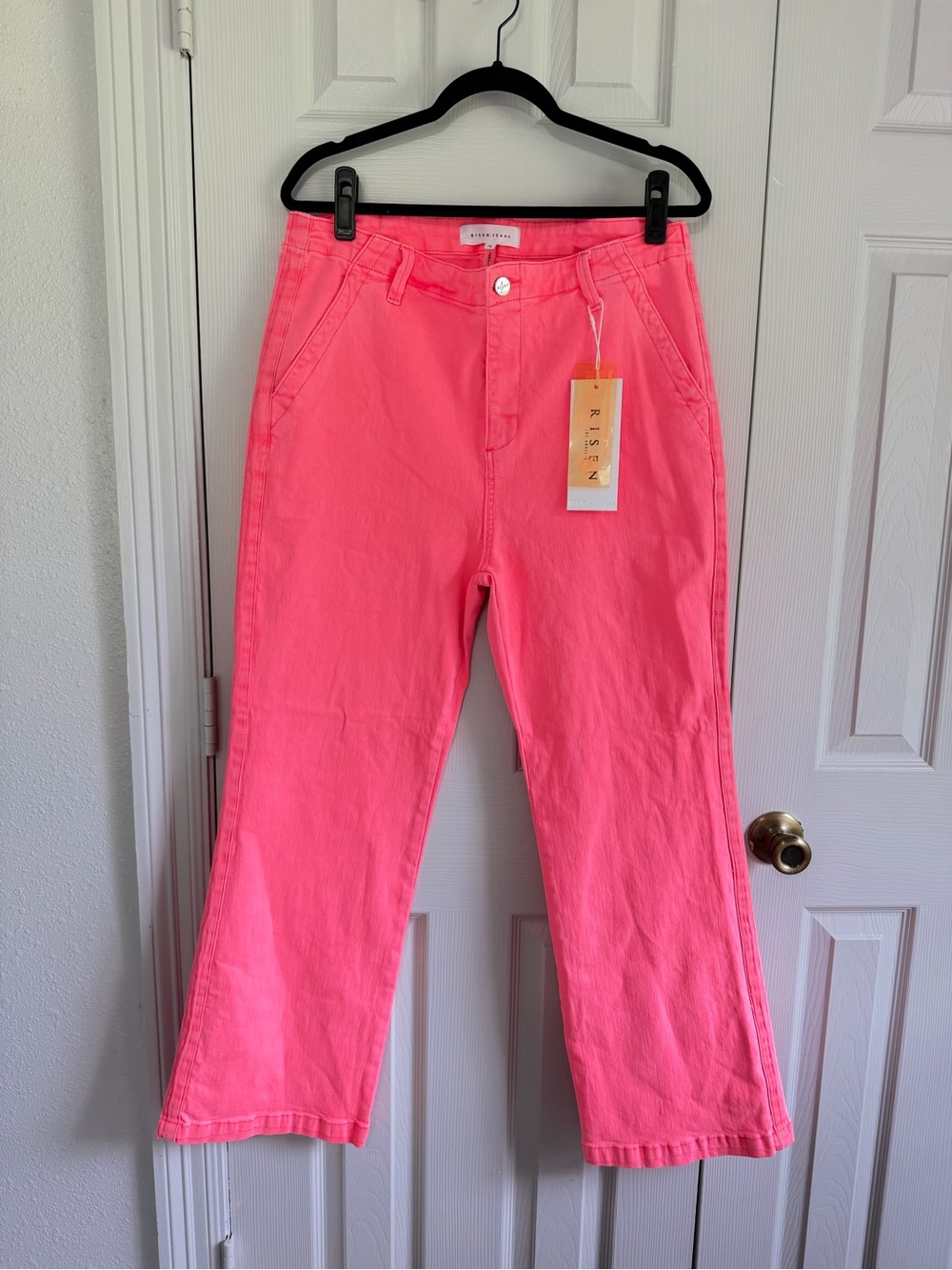 NWT Risen Jeans 1XL Neon Coral Wide Leg Crop Pants High Rise Plus Size